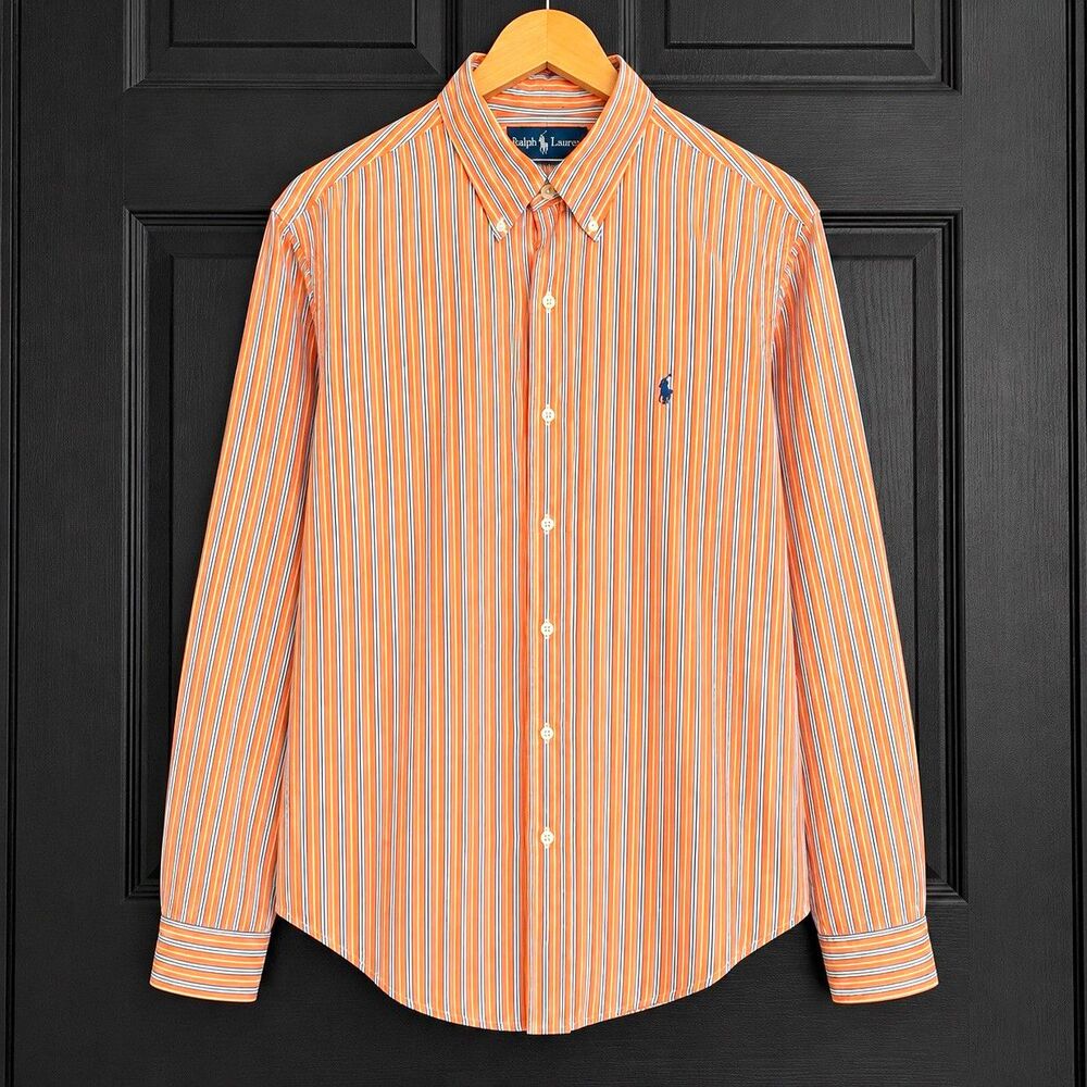Ralph Lauren Custom Fit Shirt Men's M Orange Blue White Striped Cotton Woven